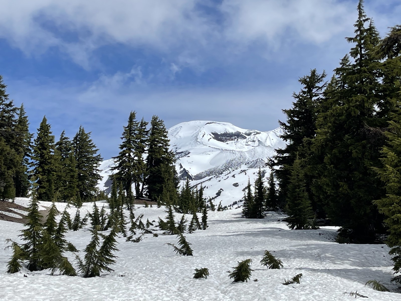 The snowy bulk of the mountain filling the view ahead