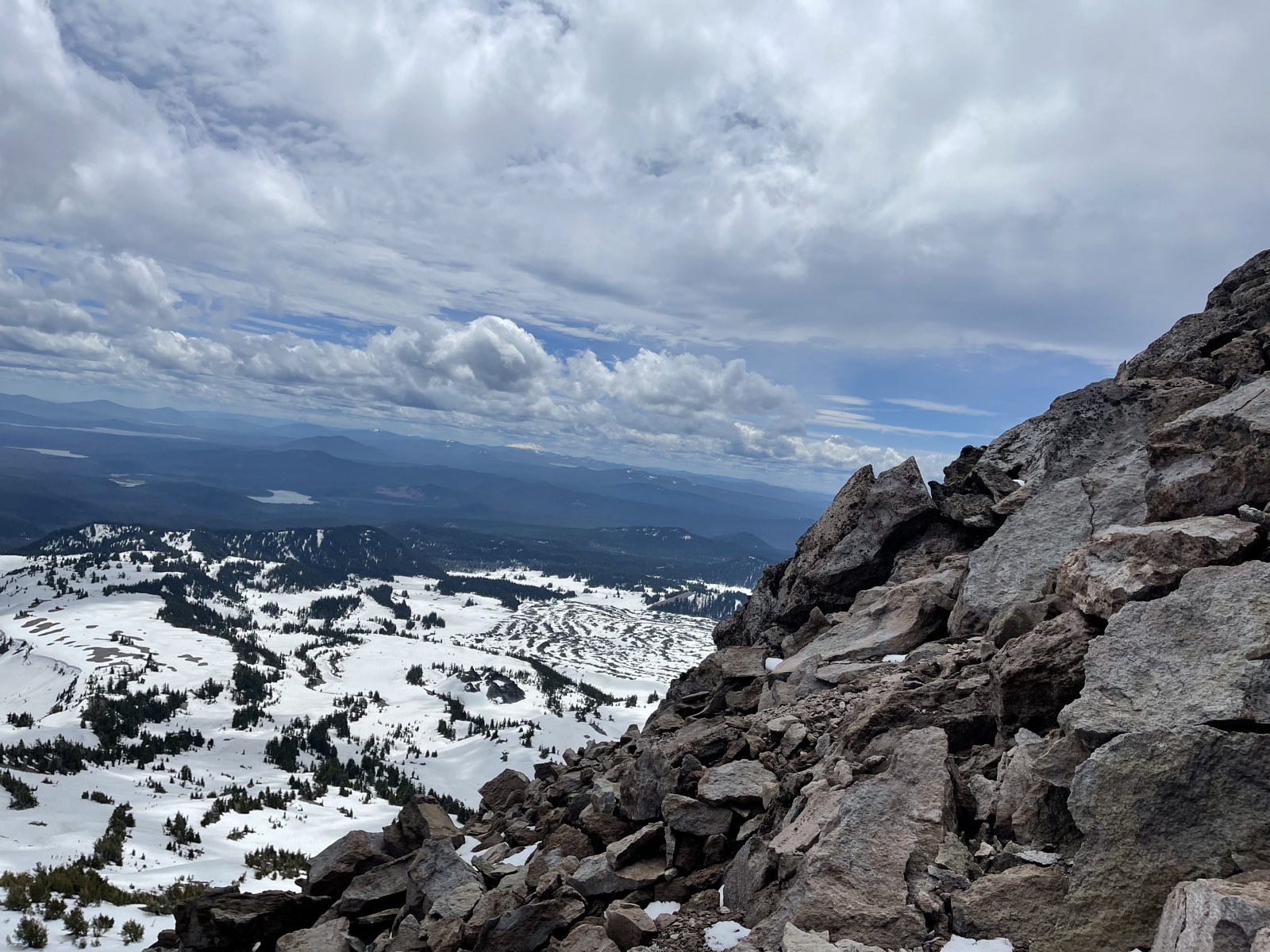 Loose scree and large rocks covering the upper slope