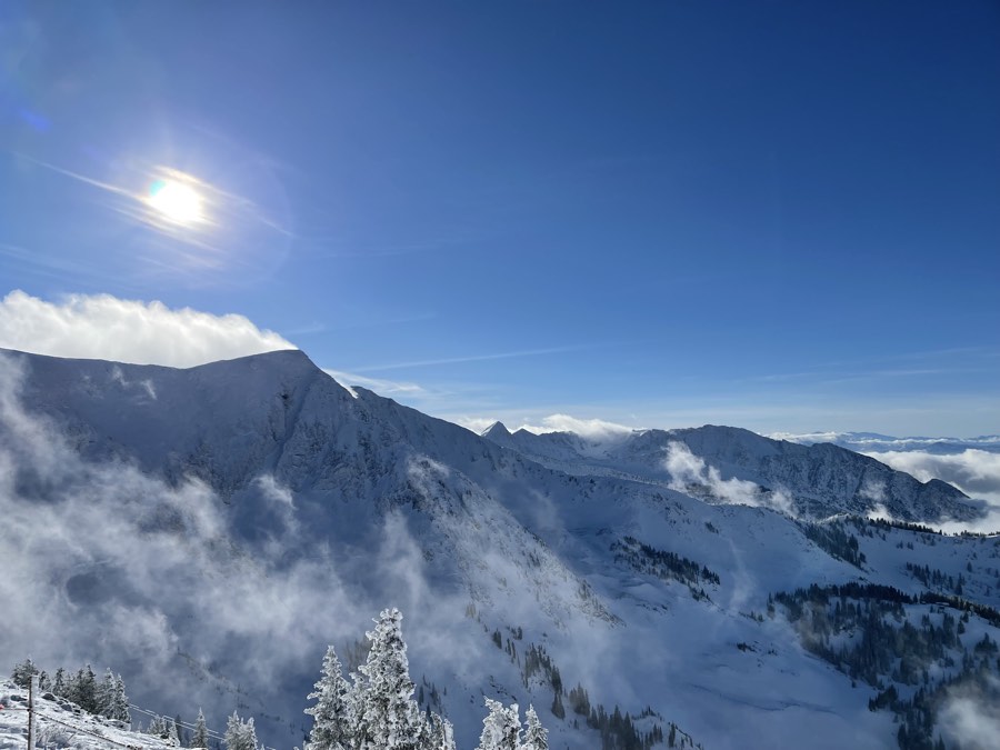 Looking out over snowy ridges from the top of Snowbird