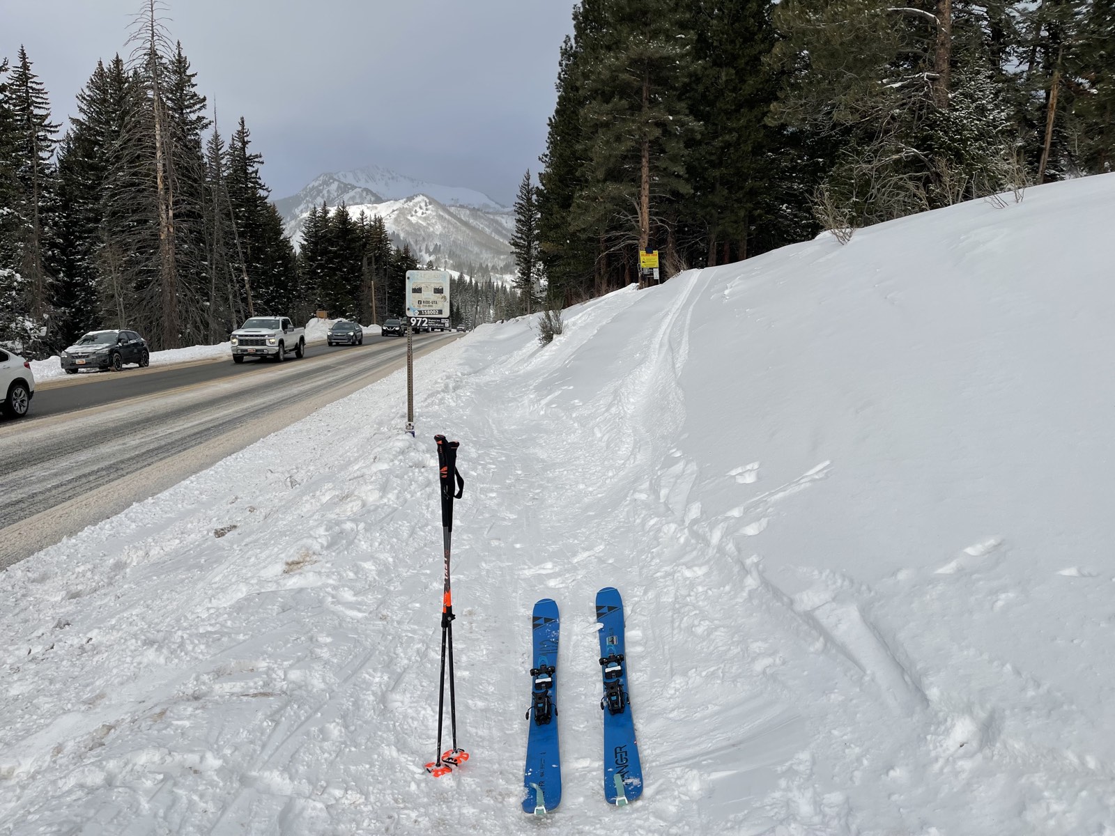 Skis and skin track on an early morning tour