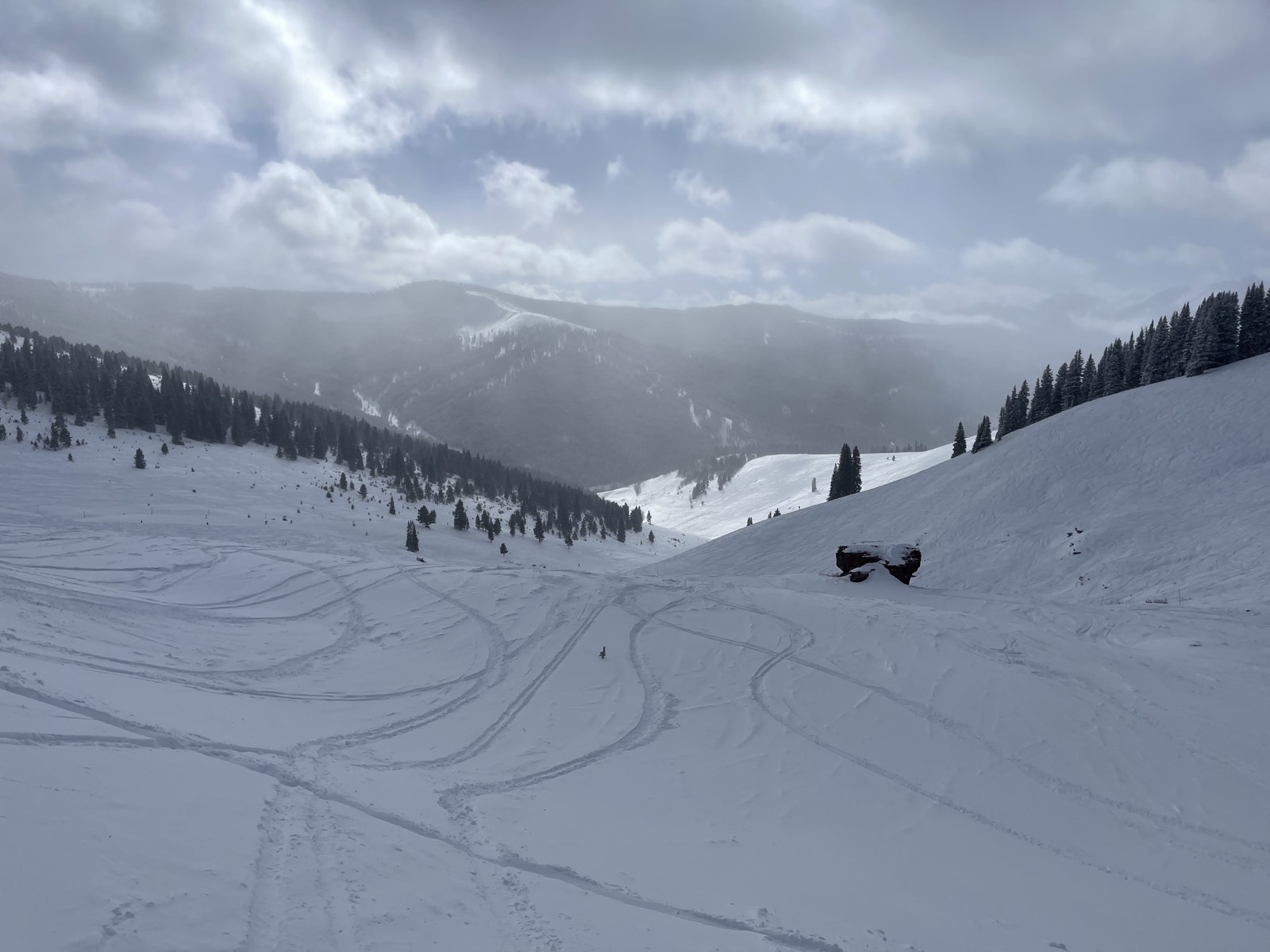 Patches of untracked snow left between ski tracks at Vail