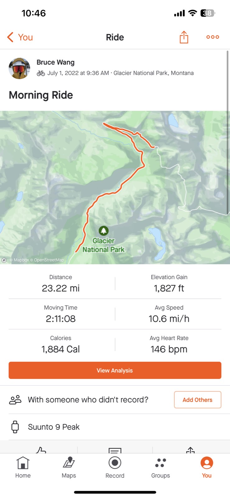 A ride summary screen showing distance and elevation gain