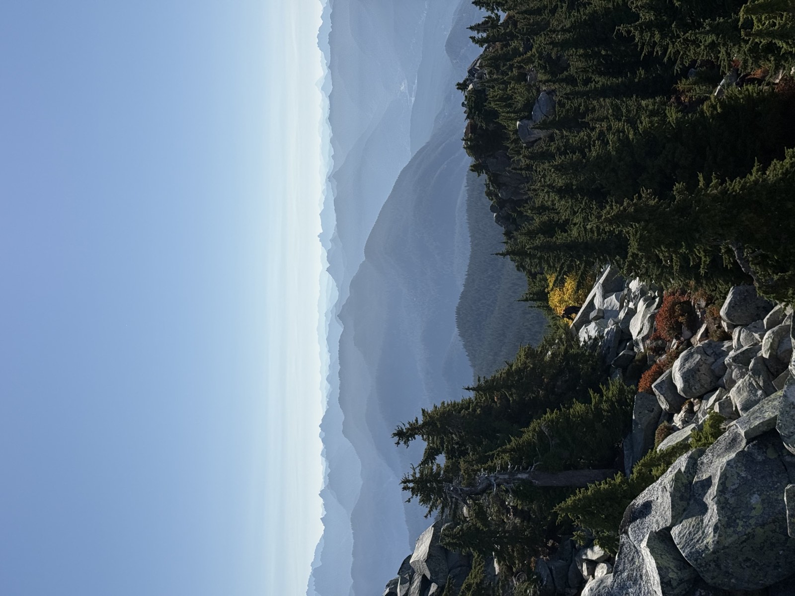 A boulder-covered ridge with evergreens and patches of red and yellow brush