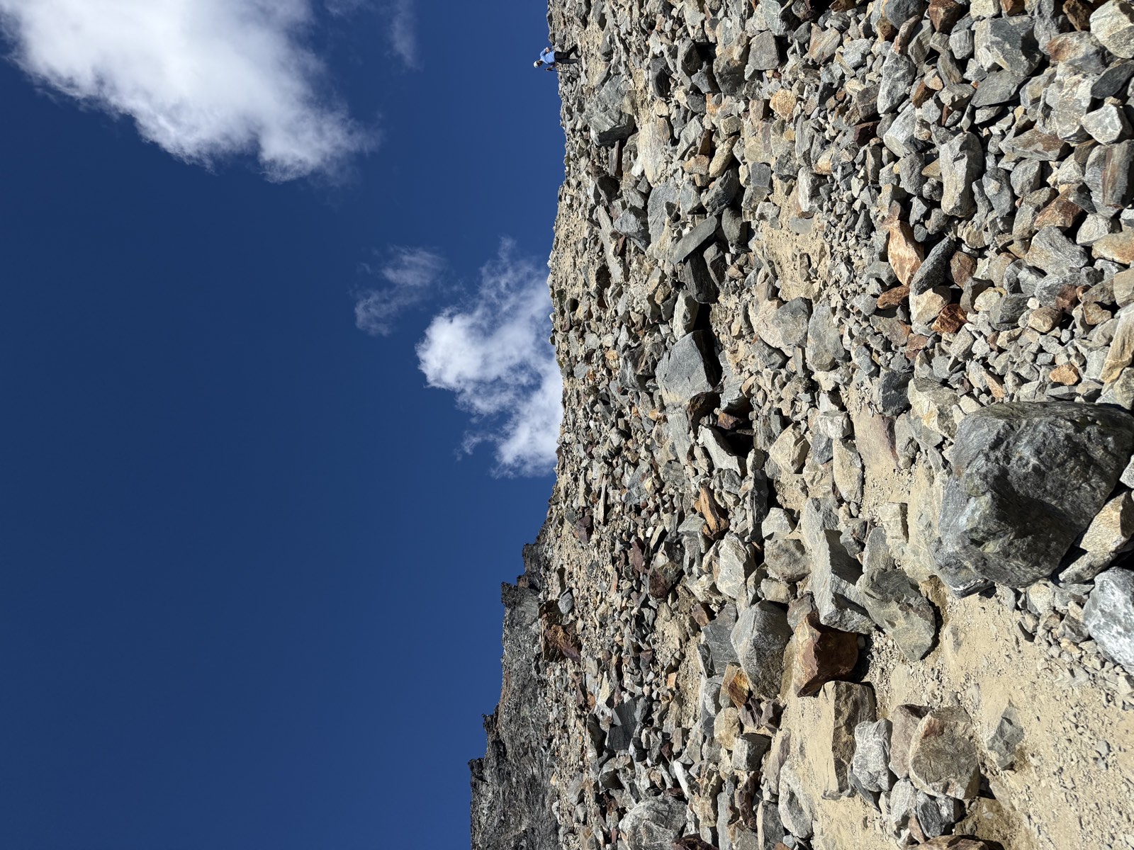 Loose rock covering the steep upper section of the route