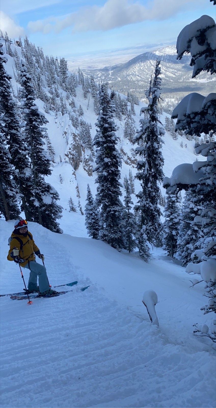 A boot-packed trail skiers climb to reach terrain at Bridger
