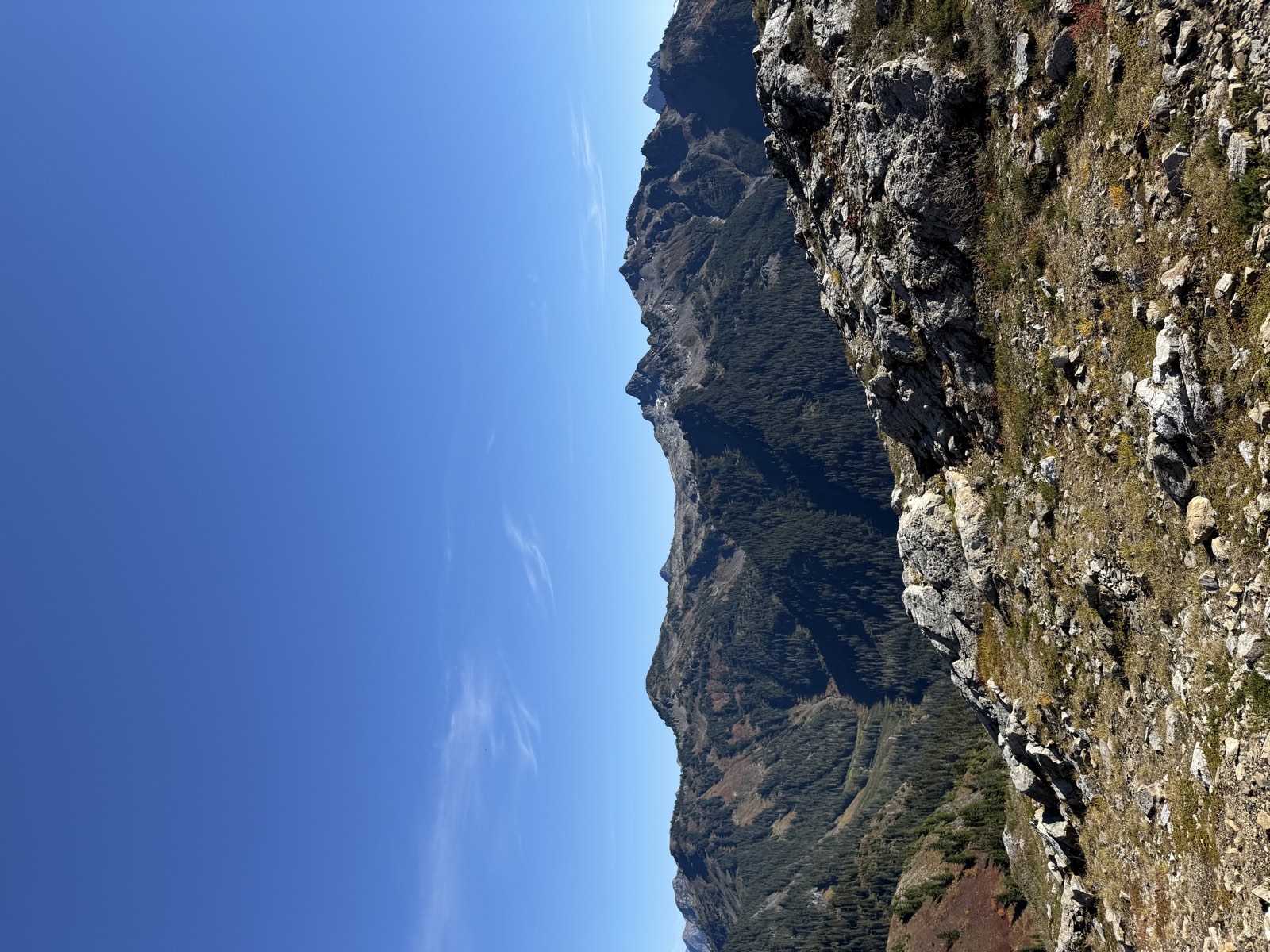 A jagged skyline of dark peaks beyond a rocky alpine slope