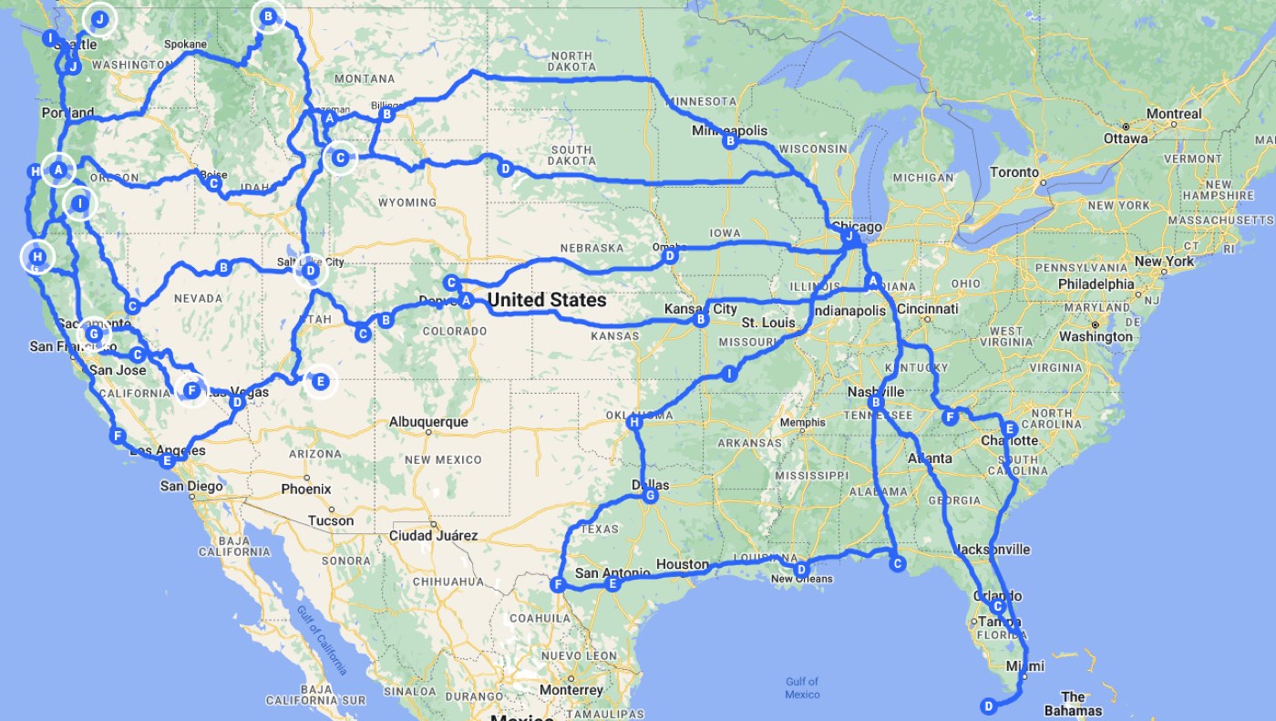 A map of the United States with the road trip routes I have driven traced in blue
